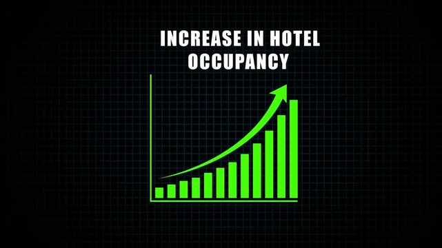 increase in hotel occupancy  business arrow graph going up represents profit and growth from holiday. 4k animation on black background.