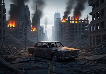 A deserted, ruined city street is lined with burning, broken buildings, and a vintage car sits amidst the debris.