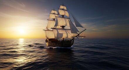 A majestic sailing vessel glides across the ocean at sunset, showcasing intricate details and a serene atmosphere.