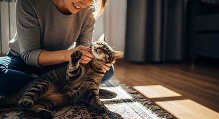 Woman gently petting her tabby cat on the floor.