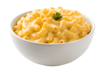 Delicious creamy macaroni and cheese served in a white bowl garnished with parsley freshly made isolated on transparent background