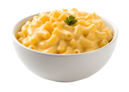 Delicious creamy macaroni and cheese served in a white bowl garnished with parsley freshly made isolated on transparent background