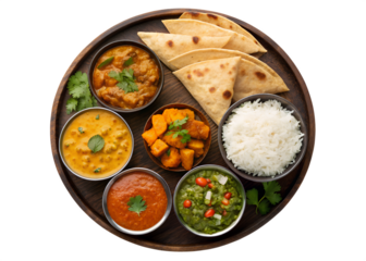 Delicious indian thali meal featuring rice lentils curries bread and vegetables overhead view isolated on transparent background