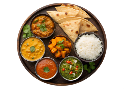 Delicious indian thali meal featuring rice lentils curries bread and vegetables overhead view isolated on transparent background - Powered by Adobe
