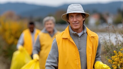 environmental cleanup event, diverse group of environmental volunteers clean park or beach with work gloves and trash bags professional for conservation publications genuine volunteer work in