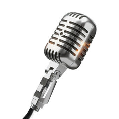 Vintage Silver Microphone with Glowing Light Effects on Transparent Background Ideal for Music Event Posters and Retro Style Designs
