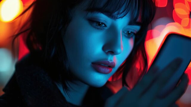 The  depicts a modern urban life scene with a woman engrossed in her smartphone.