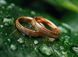 A pair of golden beautiful wedding rings resting on the edge of an emerald green leaf, surrounded by water droplets