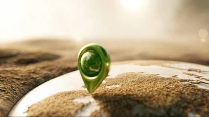 Green location pin on globe with sandy texture and blurred background - Powered by Adobe