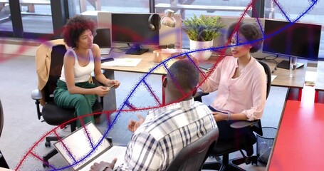 Three coworkers opening laptop and summarizing business data as DNA animation overlays discussion - Powered by Adobe