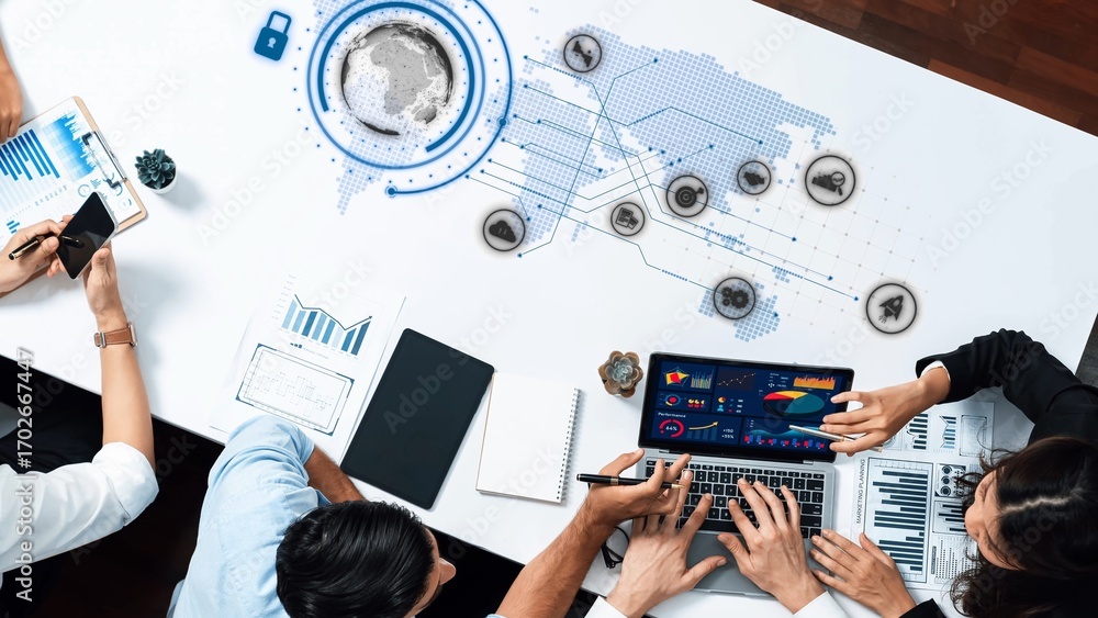 Poster a modern business meeting scene featuring a collaborative team analyzing data on laptops, with digit