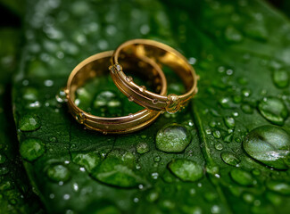 A pair of golden beautiful wedding rings resting on the edge of an emerald green leaf, surrounded by water droplets