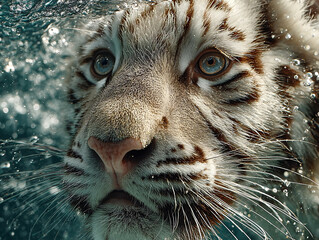 white tiger swimming underwater, surrounded by bubbles and crystal-clear water. The tiger's striking blue eyes and distinctive stripes are clearly visible.