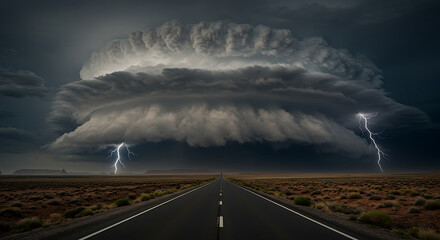 Epic supercell thunderstorm with spectacular lightning bolts illuminates the sky above a straight, empty highway