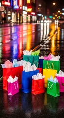 Vibrant shopping bags clustered on a wet city street at night, reflecting the colorful city lights.