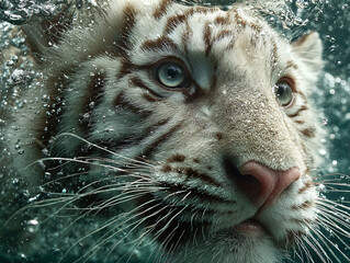 white tiger swimming underwater, surrounded by bubbles and crystal-clear water. The tiger's striking blue eyes and distinctive stripes are clearly visible.