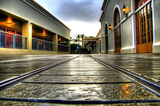 Wet train tracks leading through a walkway