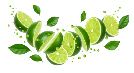 Fresh Limes with Leaves and Water Droplets citrus fruit