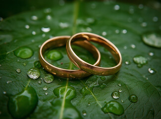 A pair of golden beautiful wedding rings resting on the edge of an emerald green leaf, surrounded by water droplets