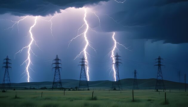 Lightning strikes over power lines during a dramatic thunderstorm at night.