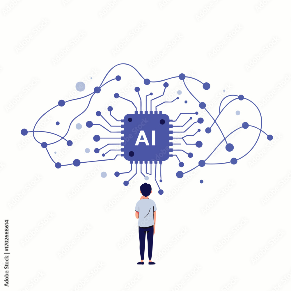 Poster a lone individual stands beneath a complex network of digital connections and an ai chip, symbolizin