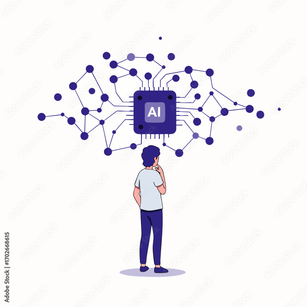 Poster a person thoughtfully observes an advanced ai chip at the core of a complex digital network, symboli