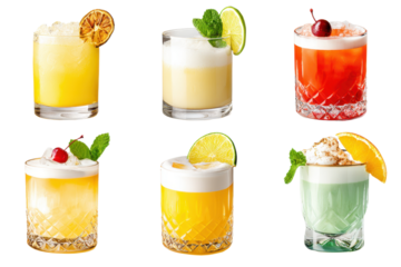Amaretto sour, Pisco sour cocktail PNG set bundle, white isolated background. Mixology, bar menu cocktails, colorful refreshing drink with garnish