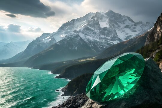 Giant emerald gemstone on a rock by the sea