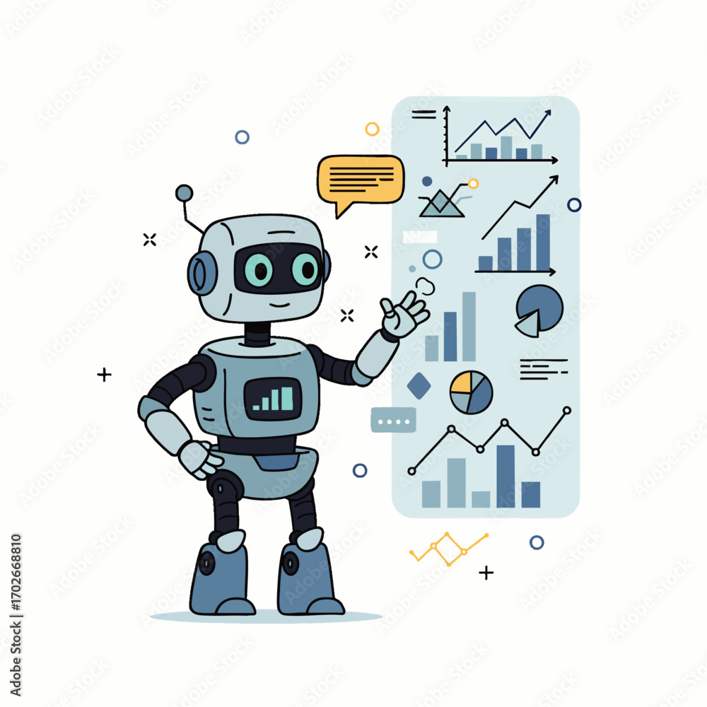 Poster an intelligent cartoon robot presents complex digital data visualizations and analytical charts, sym