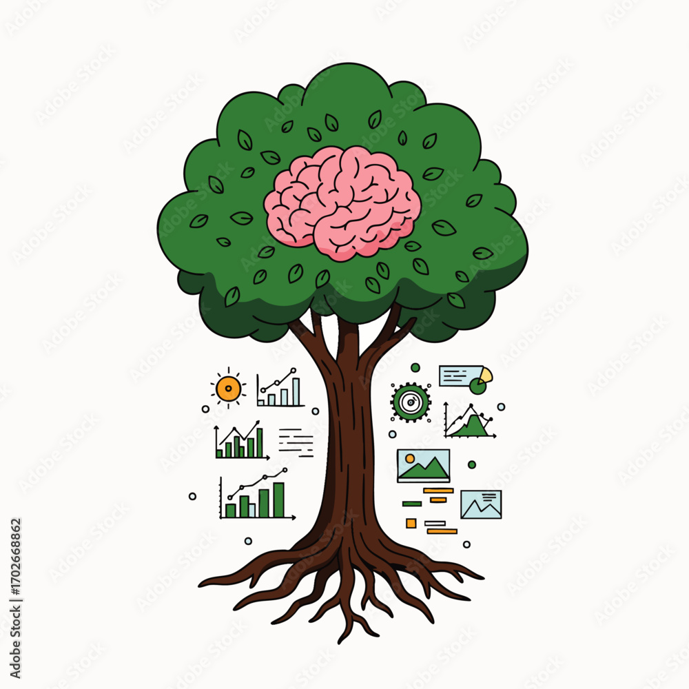 Poster a visual of a tree with a brain, surrounded by data and business icons, symbolizing intelligent grow