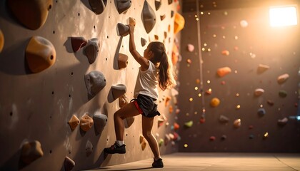 Young girl climbs a rock wall