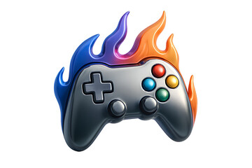 3D Game Controller Icon with Flame Energy Effect – Glossy Chrome Futuristic Design for Esports and LoL Worlds 2025 China