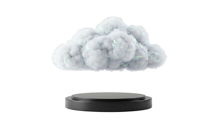 White Cloud Shaped 3D Render on a Dark Grey Circular Pedestal Against a Light Grey Background: Perfect for Technology, Cloud Computing, or Data