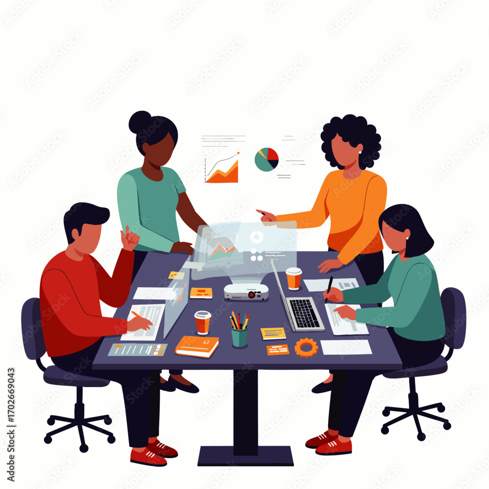 Poster diverse professionals engage in a dynamic business meeting, leveraging advanced technology and data 