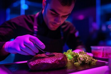 Person tasting lab-grown steak at food innovation event