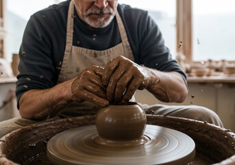Experienced potter's hands skillfully shape wet clay on a spinning wheel, creating traditional pottery in a rustic workshop setting.