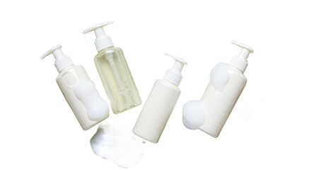 White Cosmetic Bottles with Lather on a Creamy Background:  A Clean and Minimalist Product Shot for Packaging Design, Suitable for Skincare or Bath