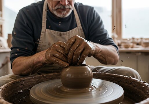 Experienced potter's hands skillfully shape wet clay on a spinning wheel, creating traditional pottery in a rustic workshop setting.