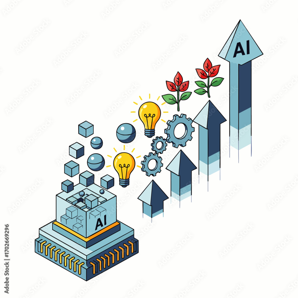 Poster this isometric illustration depicts the innovative growth and technological progression of artificia