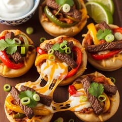 Mini pizzas topped with melted cheese, sliced beef, and colorful bell peppers are showcased in a close-up image, capturing a delicious and inviting food scene.