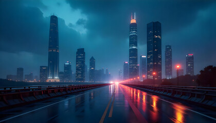 Rainy Night Highway Reflecting Cityscape Skyscrapers and Glowing Lights Under a Moody, Cloudy Sky