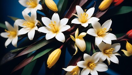 Obraz premium Close-up of white flowers with yellow centers and green leaves against a dark background.