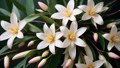 Close-up of delicate white flowers with yellow centers and pink buds.