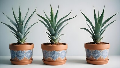 Fototapeta premium Three aloe vera plants in decorative pots