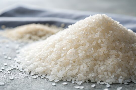 Pile of uncooked white rice grains close up