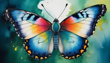 Vibrant watercolor painting of a butterfly with colorful wings against a green background.