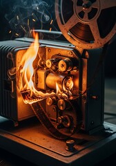 An antique  projector ablaze with burning , highlighting the dramatic and fiery demise of a bygone era.