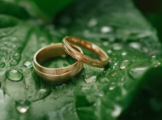 A pair of golden beautiful wedding rings resting on the edge of an emerald green leaf, surrounded by water droplets