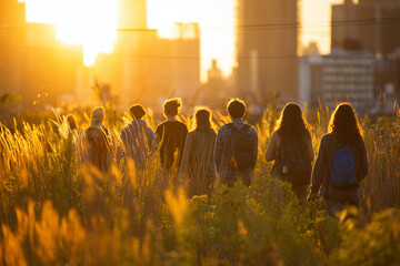 Group of young people walking through tall grass at sunset in the city
