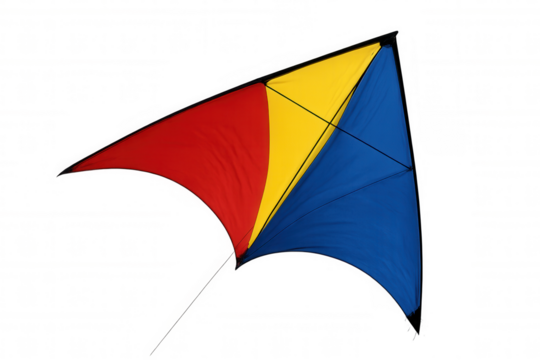 Colorful kite soaring with vibrant red, yellow, blue hues against transparent backdrop